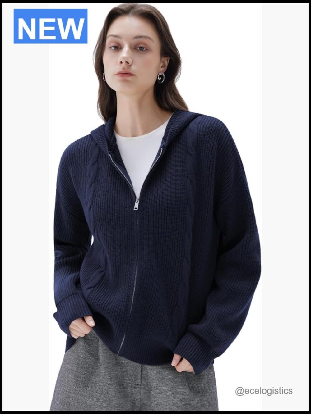 Chunky Knit Cashmere Blend Zip Up Hooded Cardigan Sweater with Pockets